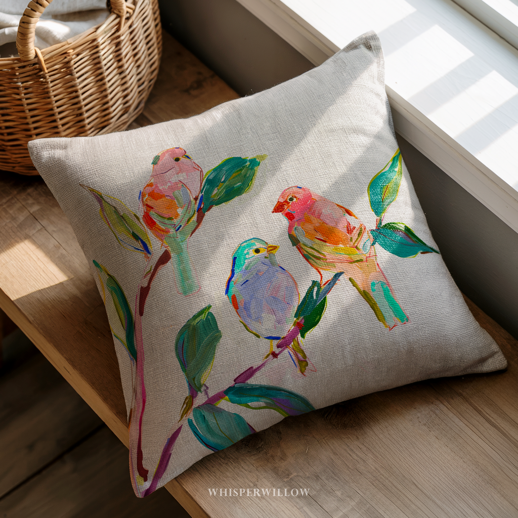 Colorful Bird Throw Pillow and Case - Abstract Botanical Branch Cushion Modern Nature Decor by WhisperWillow Studios Home Decor Gift