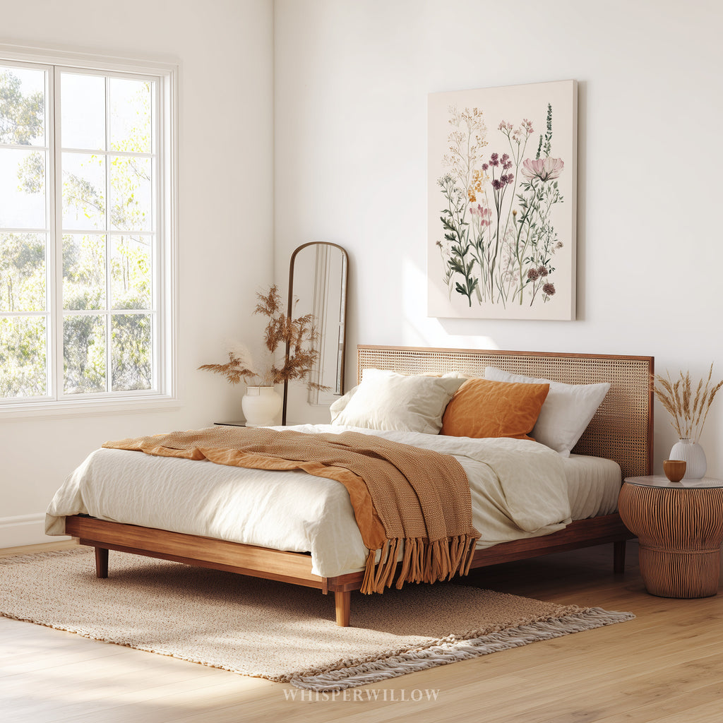 Wildflower Meadow Canvas Wall Art | Neutral Botanical Floral Illustration | Cottagecore Vintage Nature Decor | Minimalist Bedroom Artwork