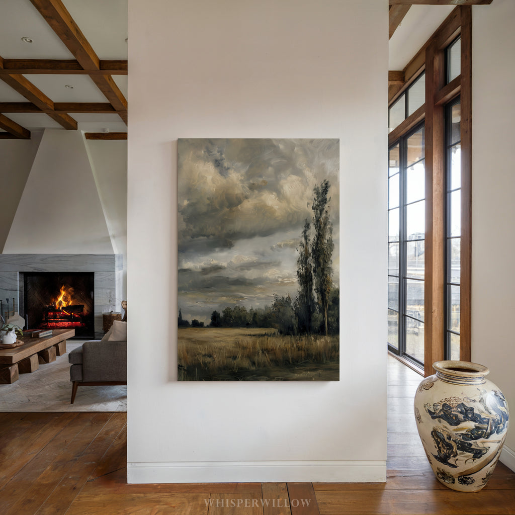 Leinwandbild „Stürmische Landschaft“ – Stimmungsvoller, bewölkter Himmel, Vintage-Landsonnenuntergang