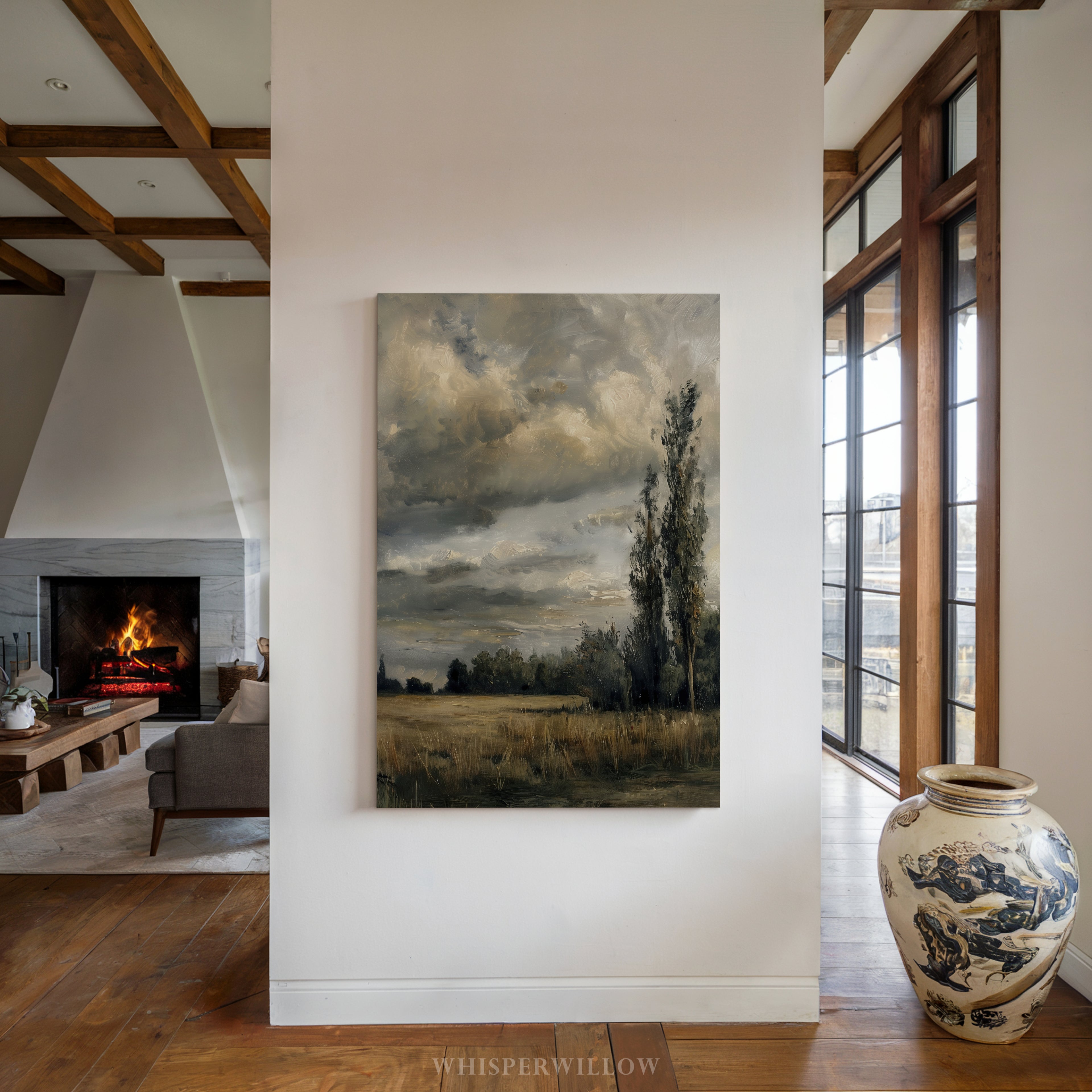 Leinwandbild „Stürmische Landschaft“ – Stimmungsvoller, bewölkter Himmel, Vintage-Landsonnenuntergang