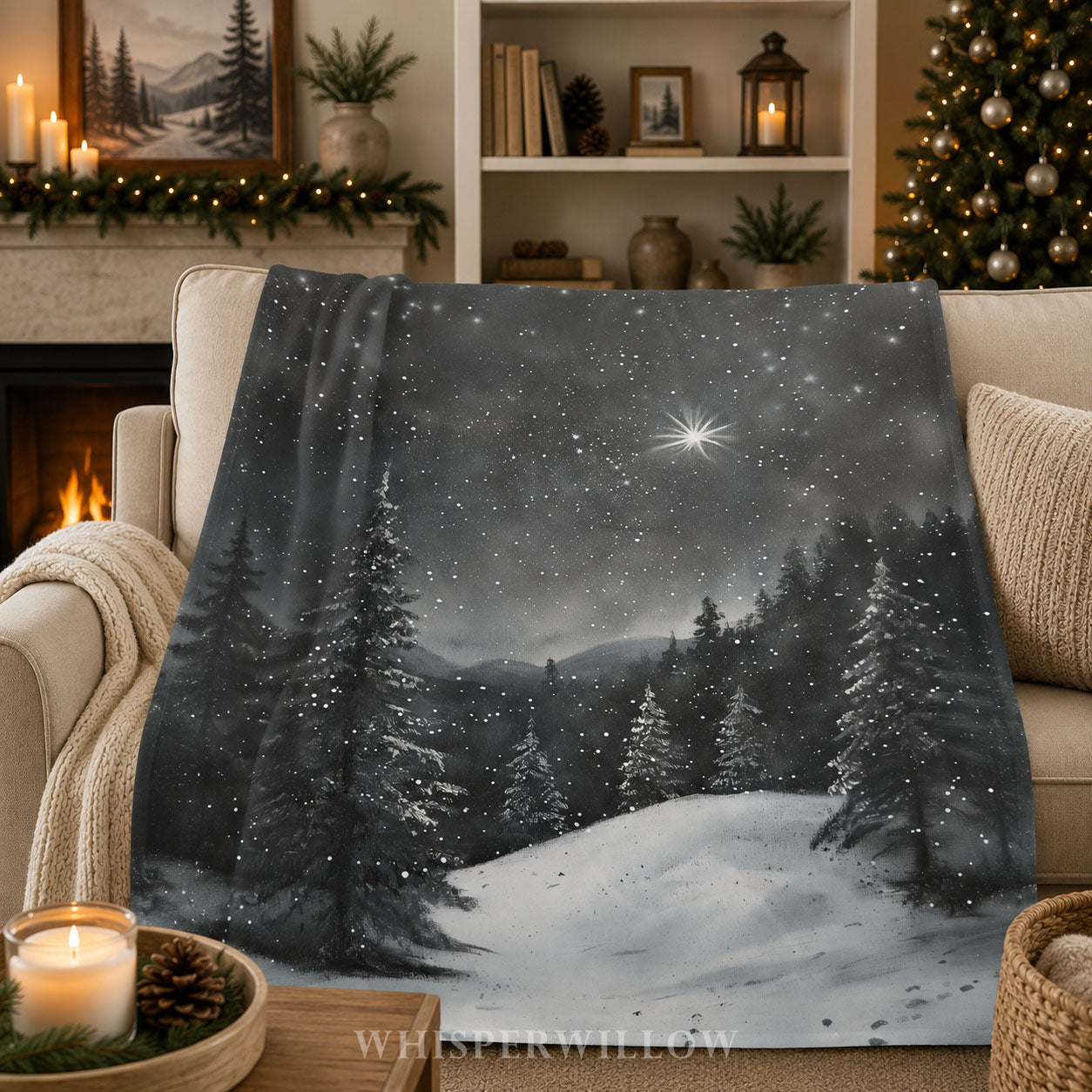 Snowy Winter Forest Throw Blanket - Night Christmas Eve Gift, Star of Bethlehem