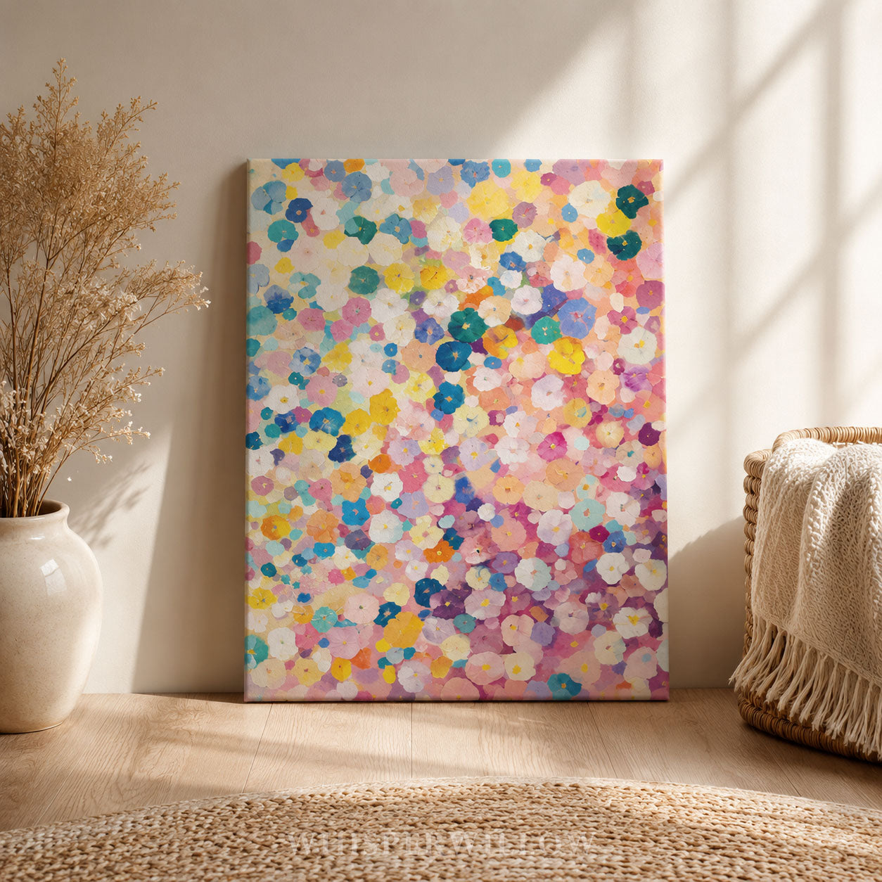 Farbenfrohes Blumenkonfetti-Leinwandbild – Abstrakte Pastellblüte, lebendige moderne botanische Kunst