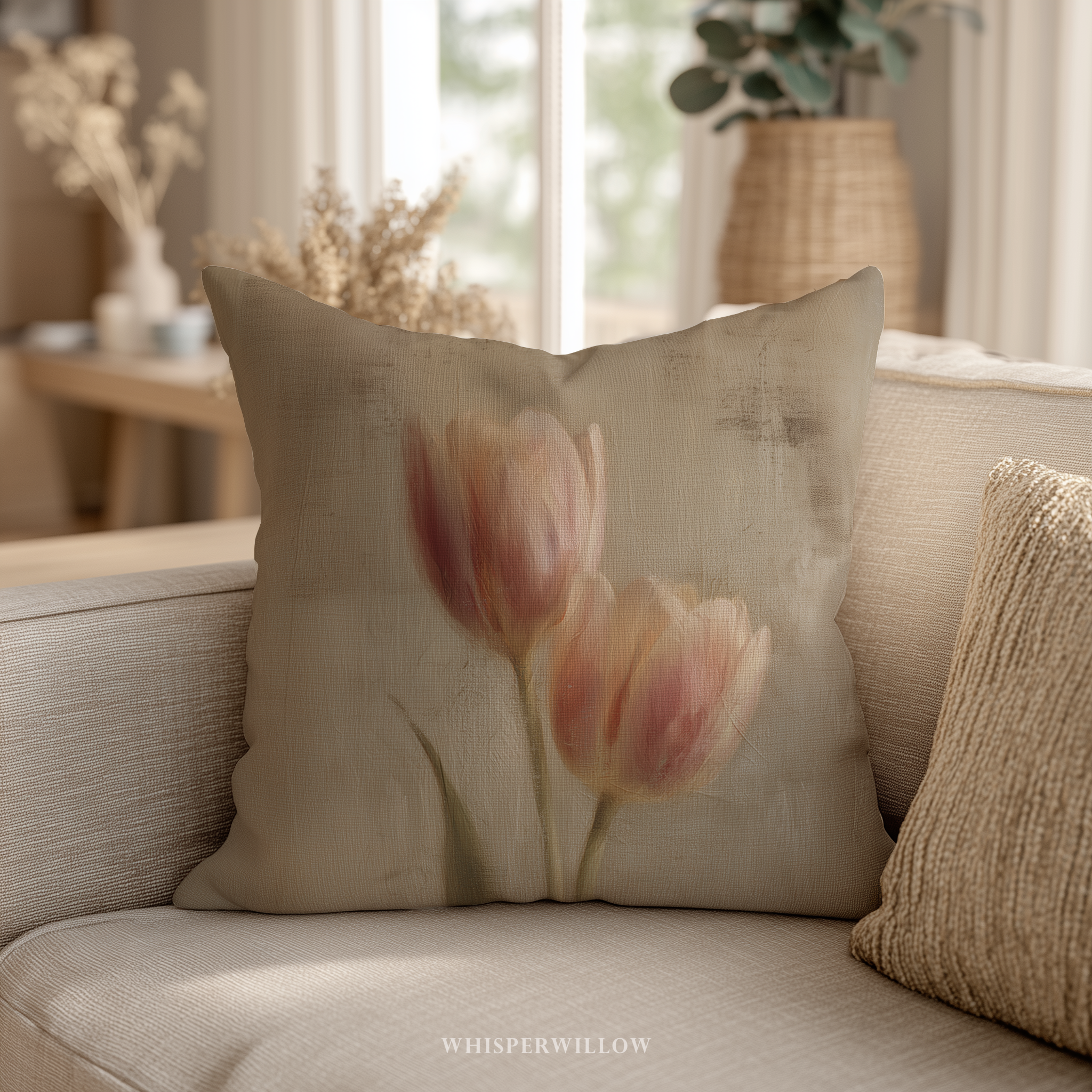 Muted Pink Tulips Throw Pillow | Vintage Floral Botanical Cushion | Farmhouse Bedroom Decor | Spring Flower Accent | Square & Lumbar