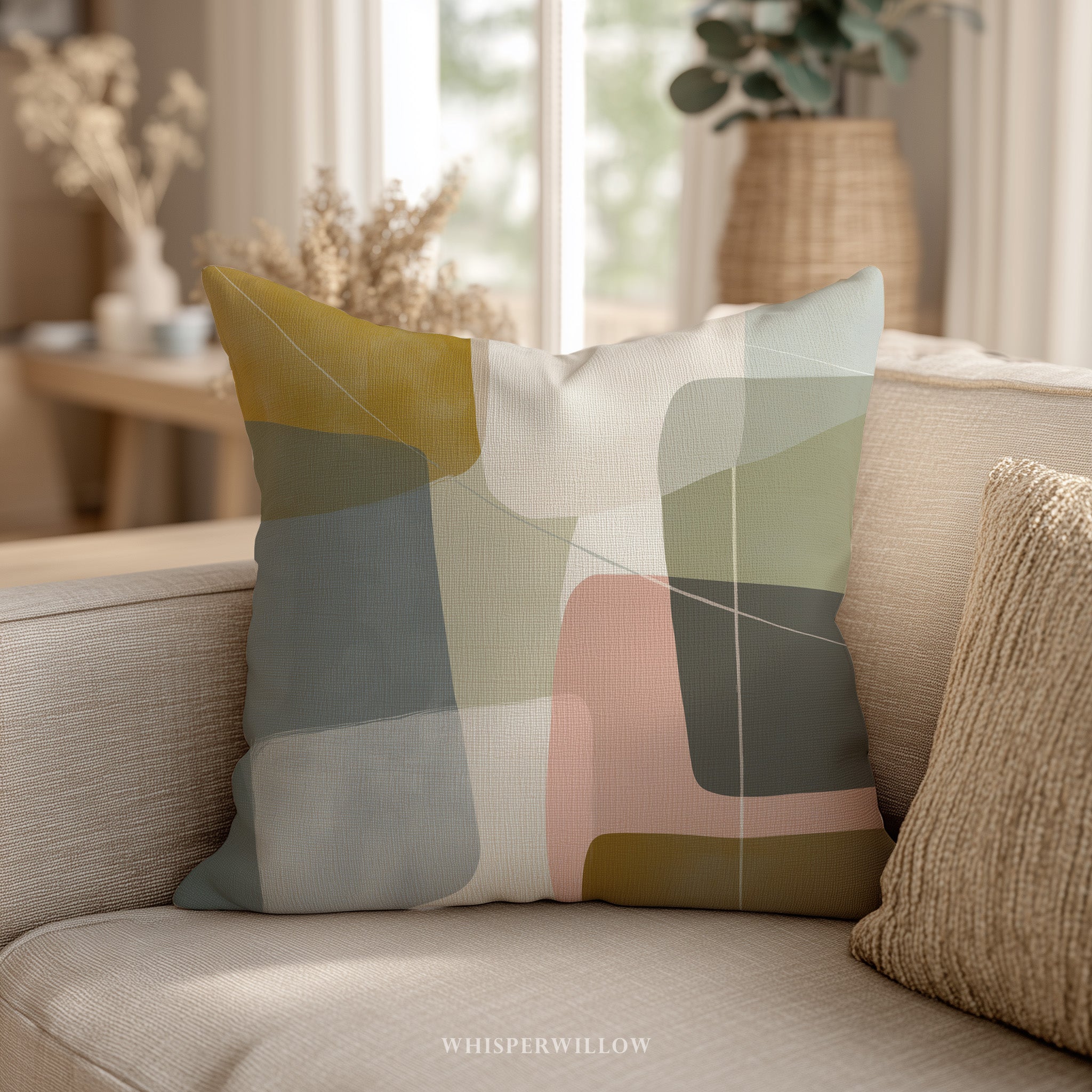 Abstract Geometric Throw Pillow | Modern Minimalist Neutral Blush | Blue Gold Lumbar Accent Cushion | Contemporary Home Decor Gift