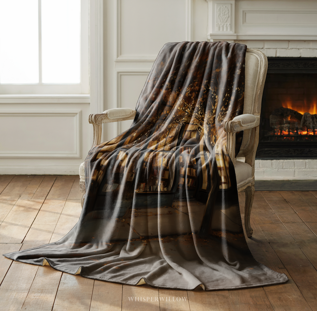 Cozy Autumn Bookstore Throw Blanket - Warm Lights Fall Tree Gift