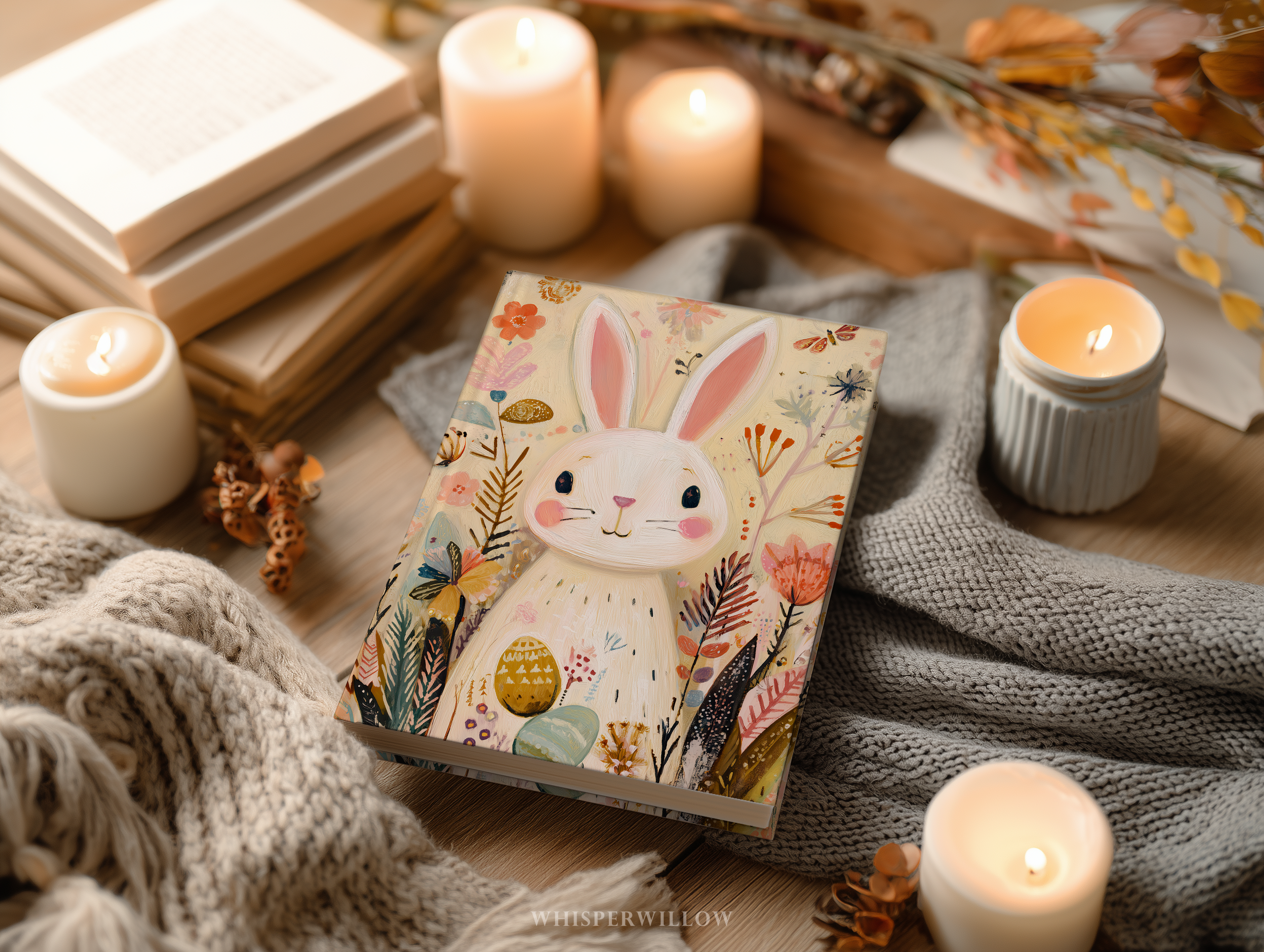 Whimsical Easter Bunny Hardcover Journal, Floral Meadow Spring Eggs Design, Cute Pastel Stationery Gift, 8x5.75 Lined Pages Gift