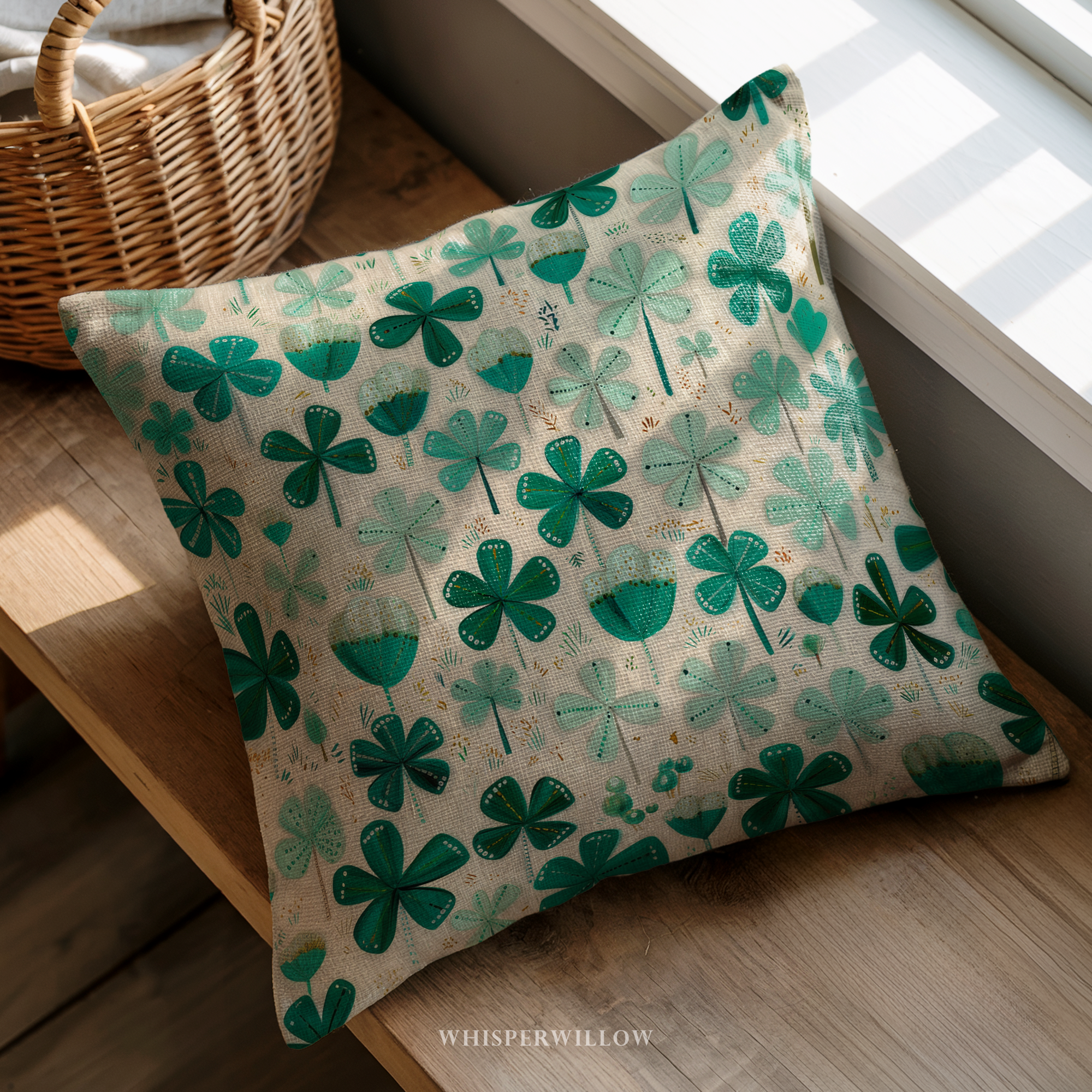 St Patrick Shamrock Throw Pillow and Case - Green Clover Cushion Irish Holiday Decor Gift by WhisperWillow Studios 