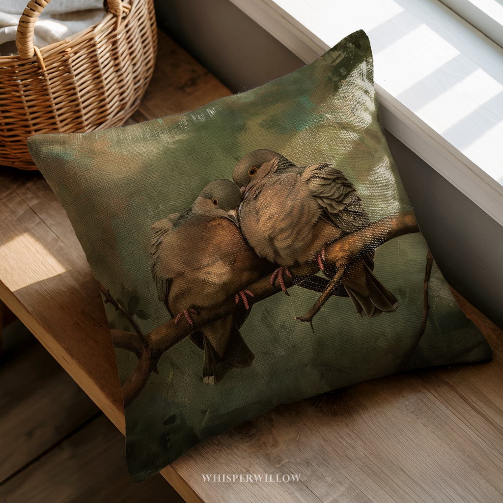 Romantic Dove Throw Pillow and Case - Nature Love Birds Decorative Cushion Wildlife Art Gift by WhisperWillow Studios Home Decor