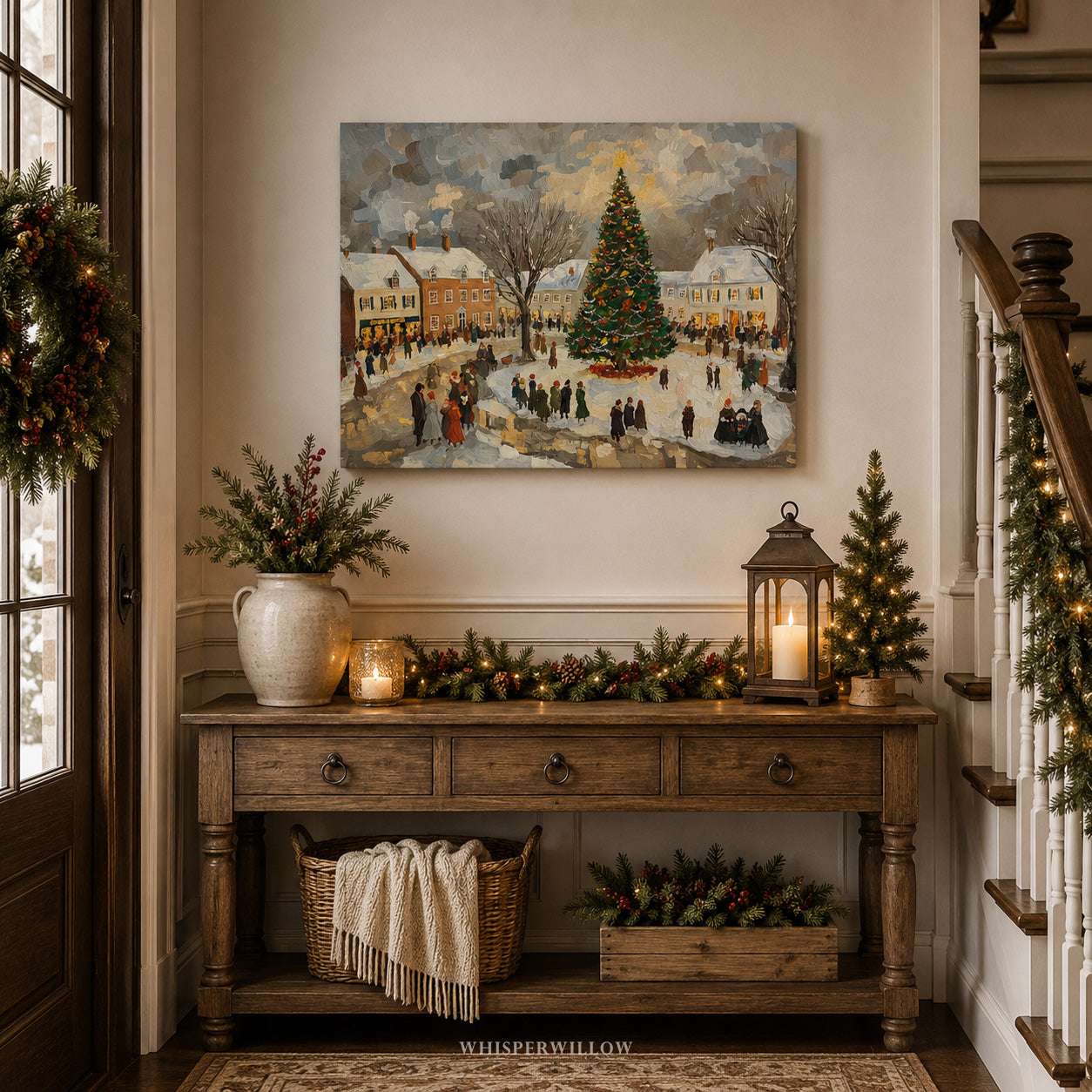 Winter Canvas Wall Art | Vintage Christmas Village Town Square Scene | Holiday Home Decor Gift