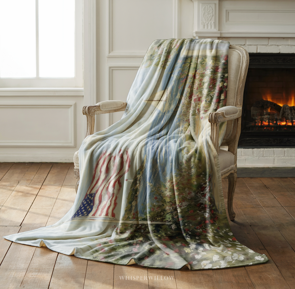 American Flag Coastal Throw Blanket - Sailboat Lighthouse Wildflower Gift