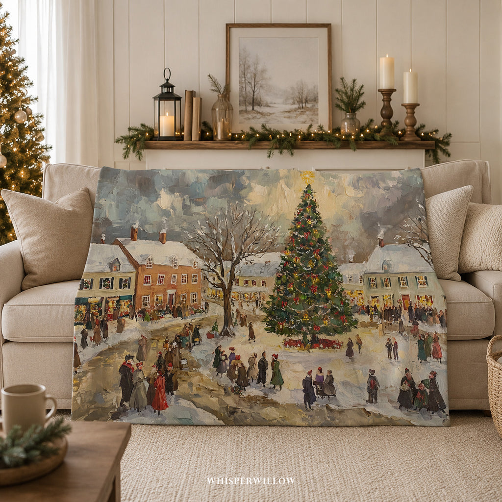 Vintage Christmas Village Throw Blanket - Winter Holiday Snowy Town Gift