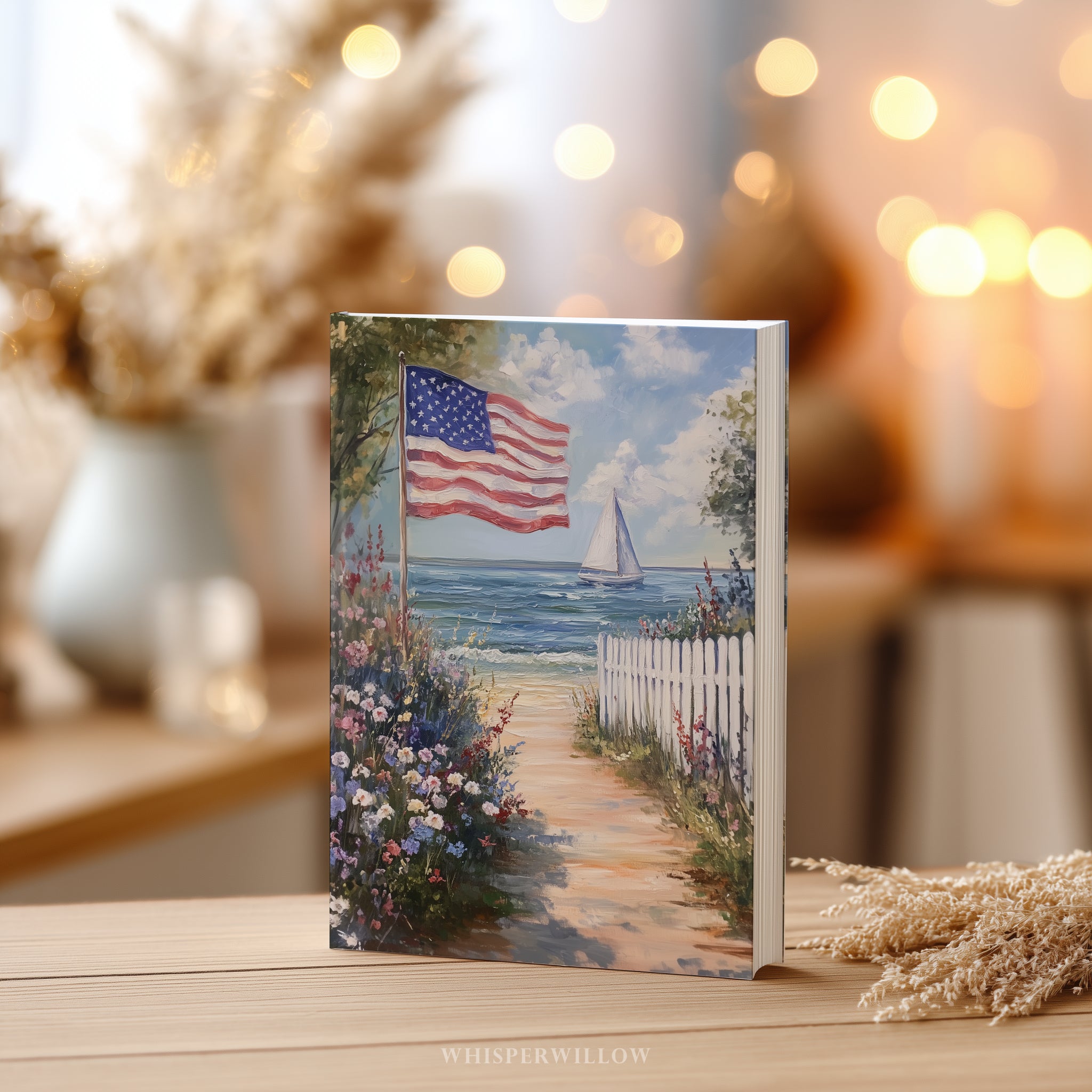 Notizbuch mit amerikanischer Flagge und Küstenmotiv – Patriotisches Geschenkidee: Segelboot am Meer, Strandgarten