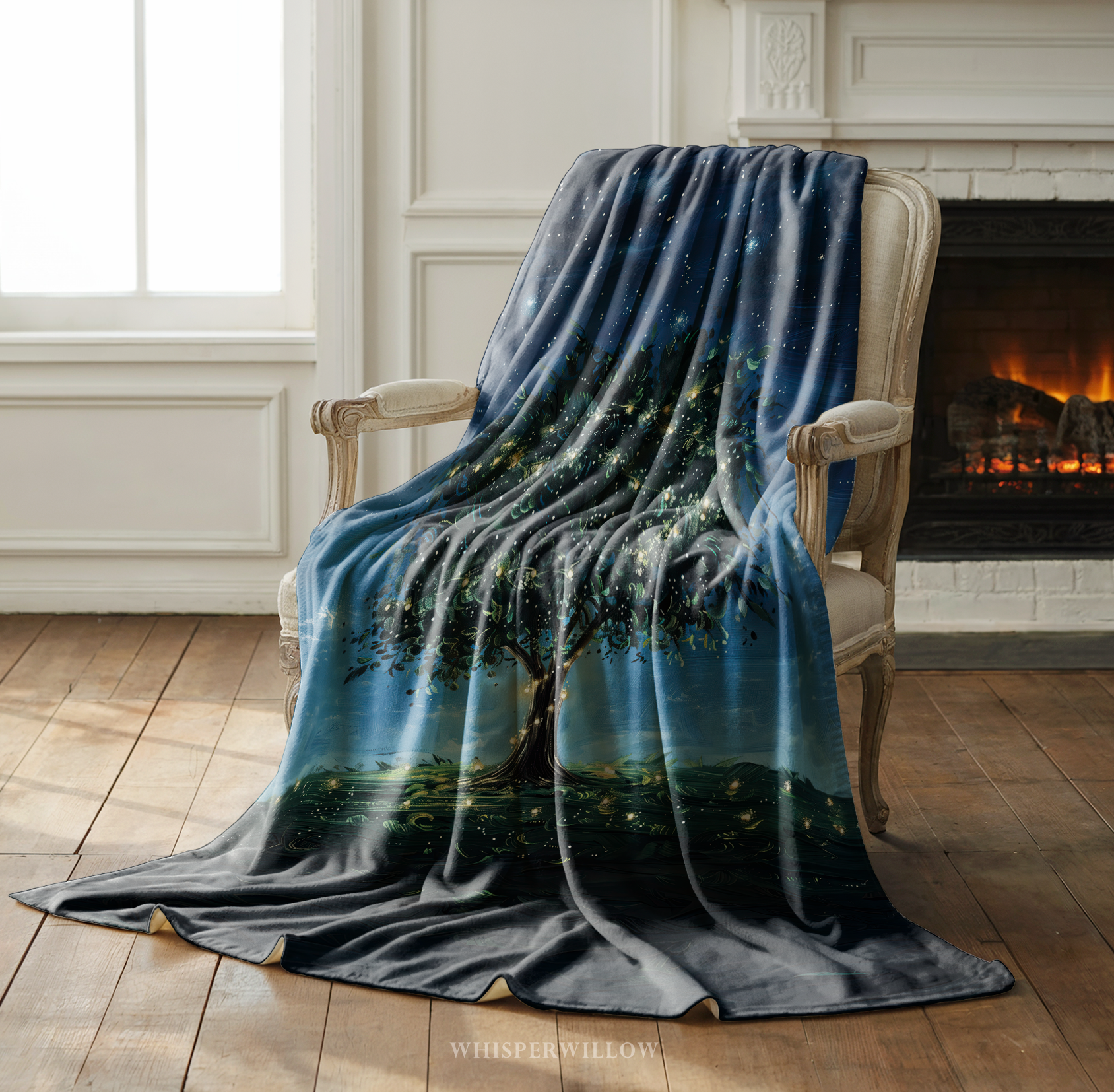 Starry Night Throw Blanket - Glowing Firefly Tree Celestial Sky Gift