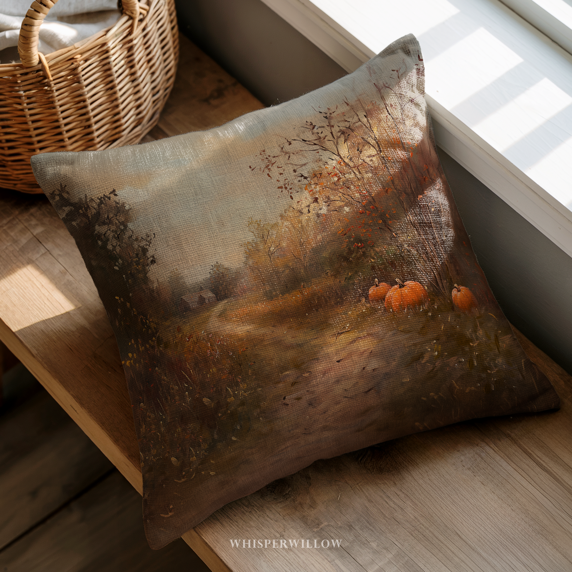 Autumn Pumpkin Path Throw Pillow - Fall Landscape Farmhouse Rustic Cottage Art Cushion by WhisperWillow Studios Homes Decor Gift