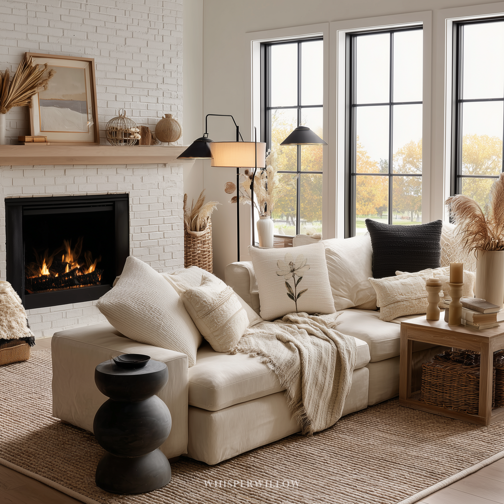 Dekokissen mit weißem botanischem Blumenmuster – Minimalistischer, neutraler Kissenbezug mit Blumenmuster