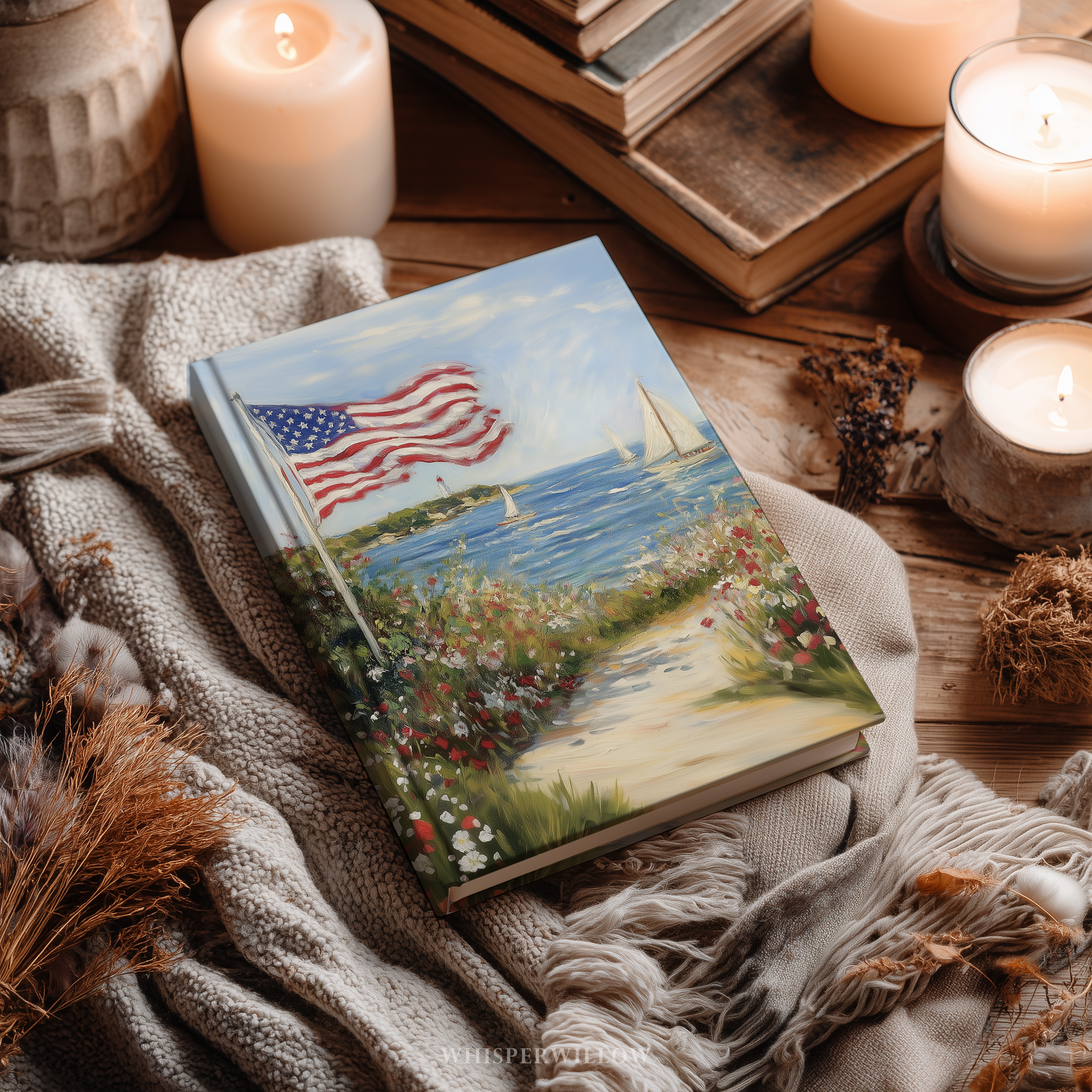 Coastal American Flag Hardcover Journal, Sailboat Wildflower Design, Independence Day Notebook, 8x5.75 Lined Pages Gift