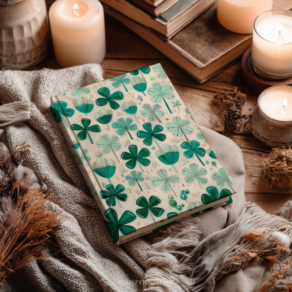 St Patrick Shamrock Hardcover Journal, Lucky Irish Botanical Clover Design, Green Teal Folk Art Notebook, 8x5.75 Lined Pages by WhisperWillow Studios Home Decor Gift