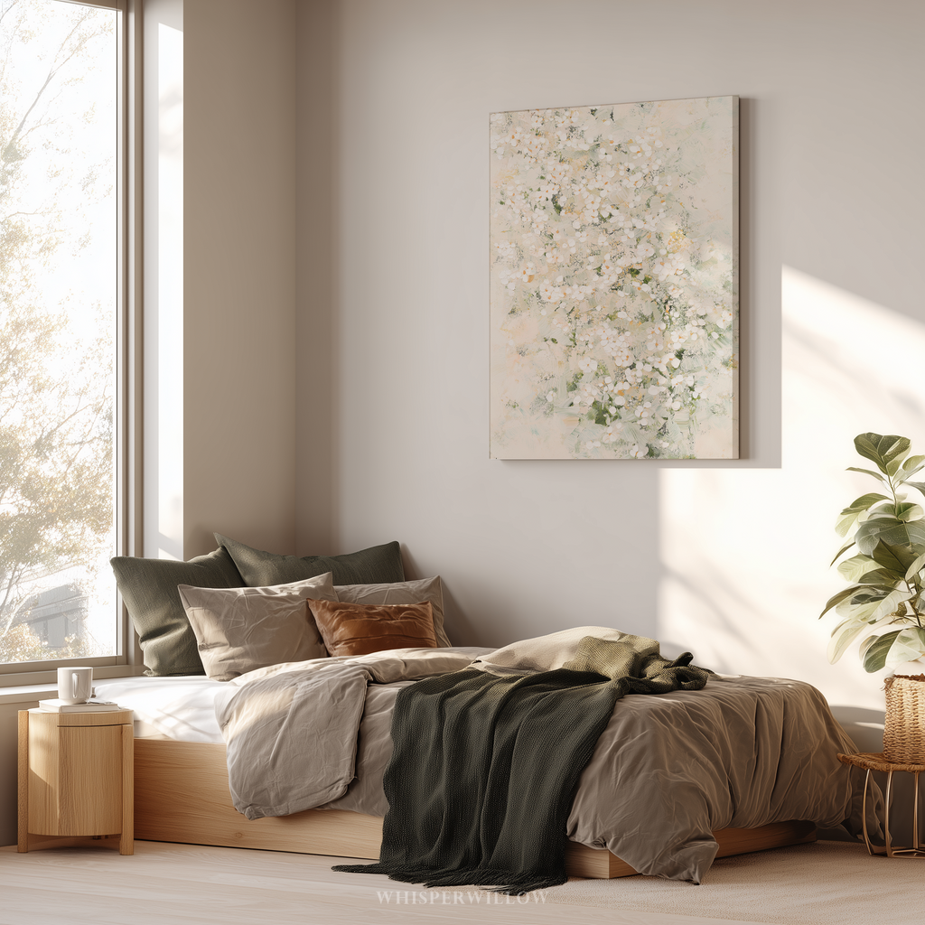 Leinwandbild „Weiße Wildblumenwiese“ – Zartes, neutrales botanisches Naturmotiv