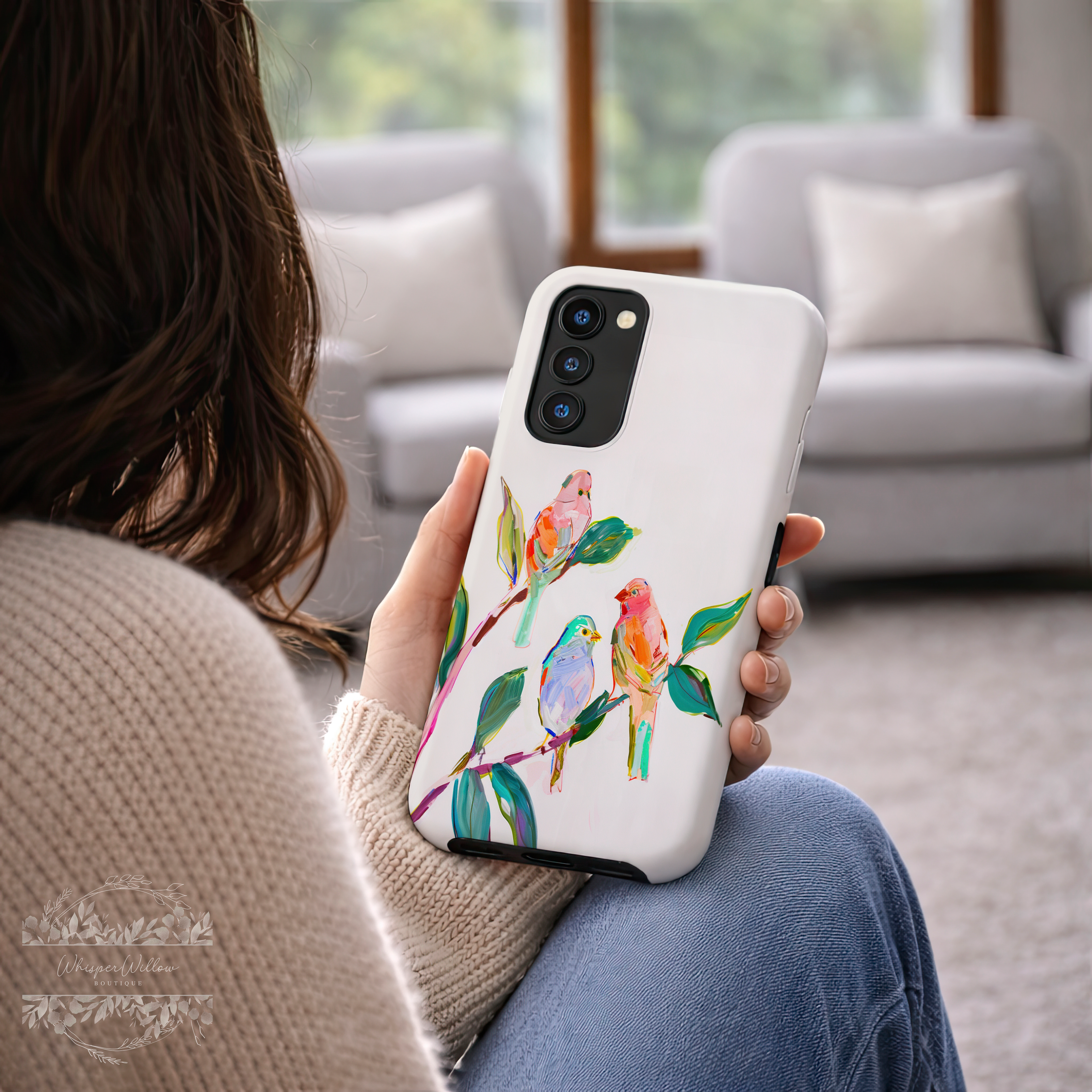 Colorful Bird Branch Art Tough Case | Compatible with Samsung Galaxy Android Phones | Dual Layer Shockproof Protective Cover | Matte Finish