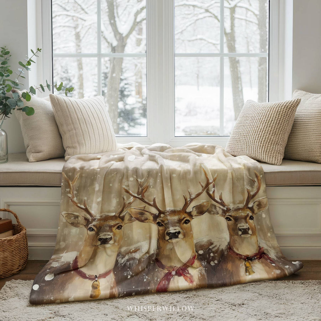 Winter Reindeer Trio Throw Blanket - Snowy Woodland Christmas Gift