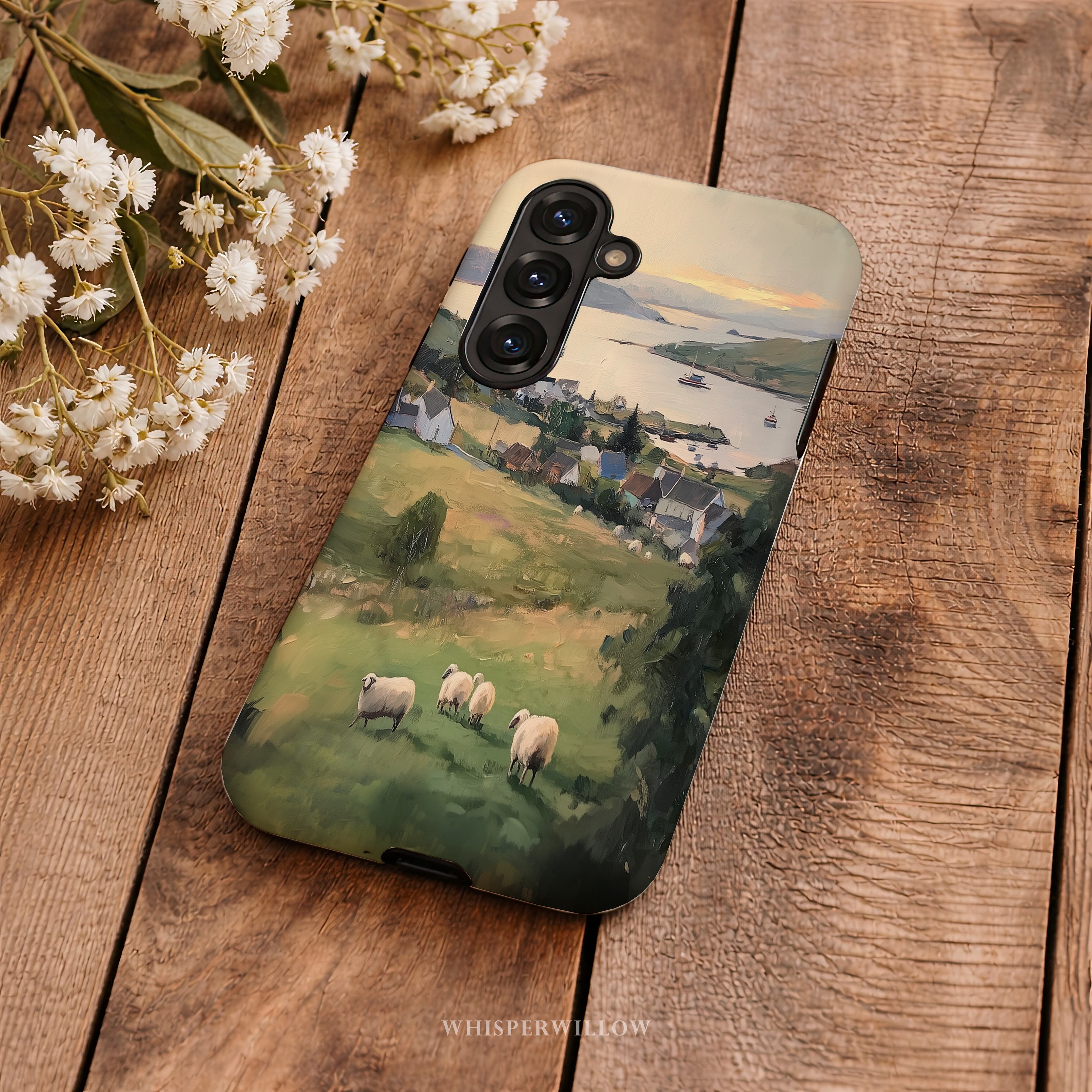 Coastal Sheep Meadow Phone Case | Samsung Compatible | Irish Harbor Village Scenic Cover