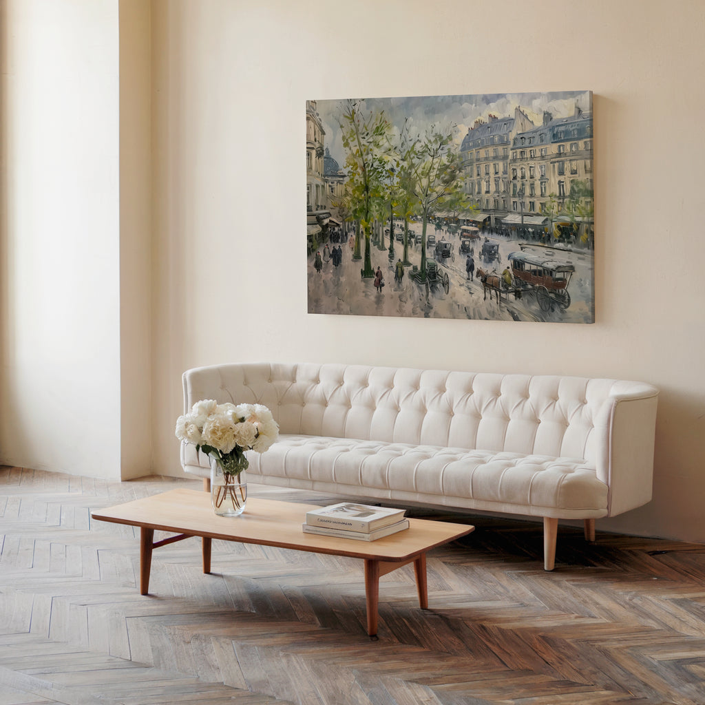 Paris Street Scene Canvas Wall Art | Vintage Horse Carriage Print | 1880s European Architecture