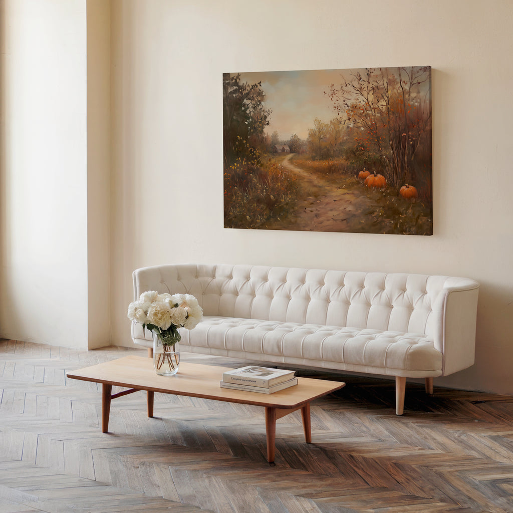 Vintage-Leinwandbild mit Kürbismotiv – Herbstlicher Bauernhaus-Landweg