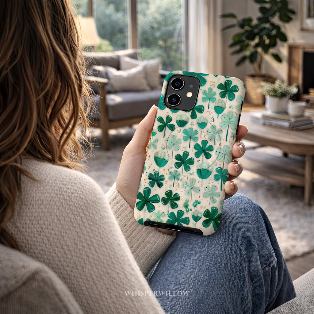 Teal Shamrock Magnetic Phone Case | Compatible with iPhone | Lucky Four Leaf Clover Cover