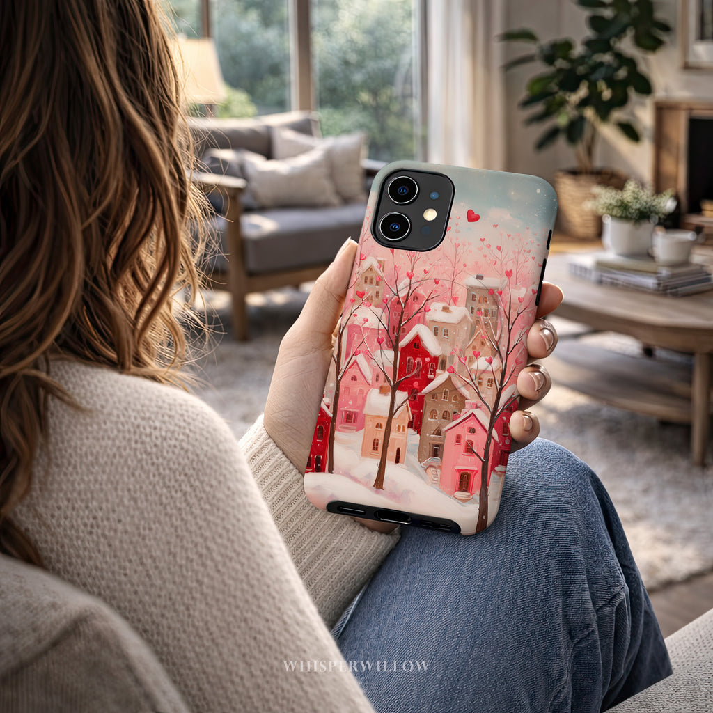 Romantic Winter Village Phone Case | Compatible with MagSafe & iPhone | Pink Heart Snow Town Aesthetic Protective Cover