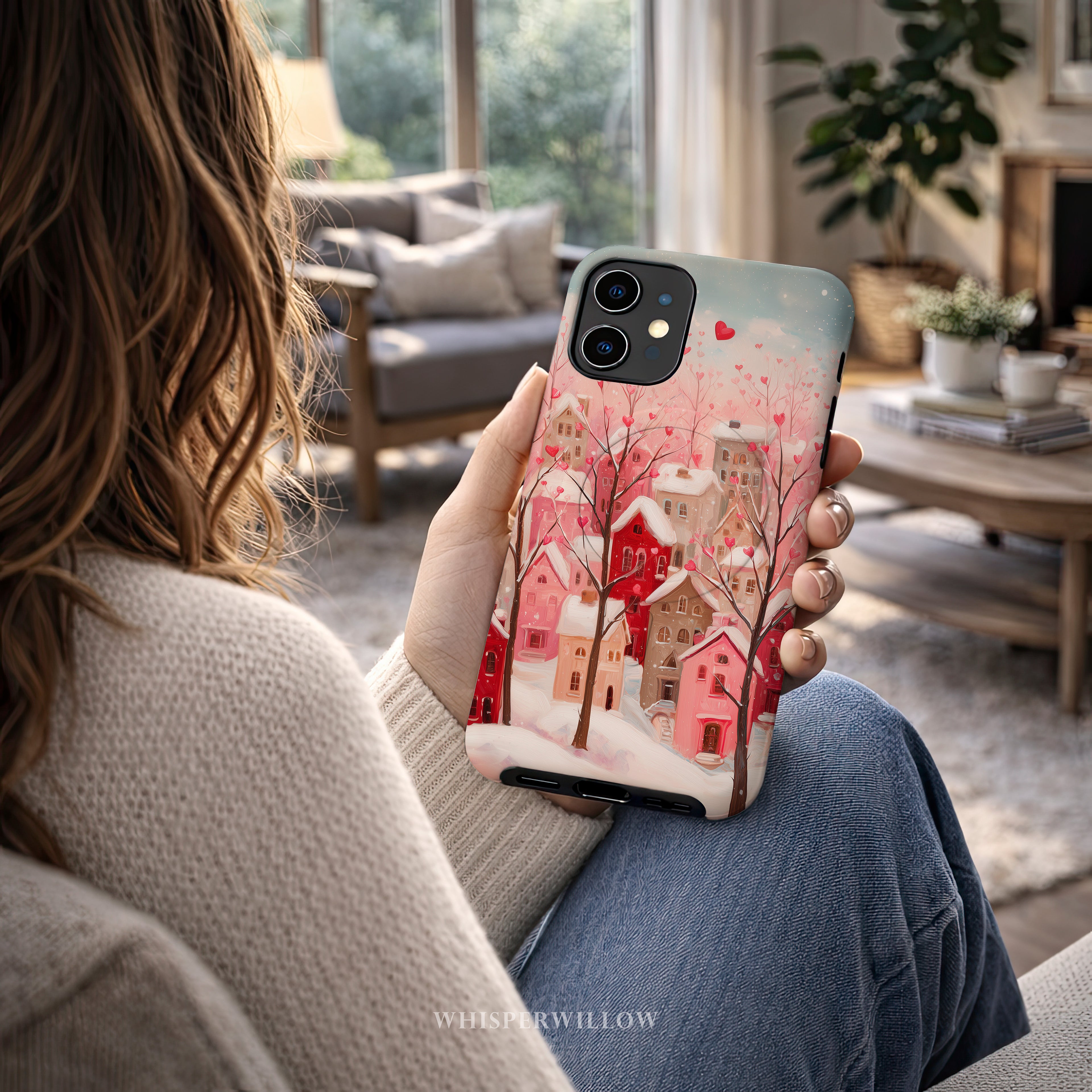 Romantic Winter Village Phone Case | Compatible with MagSafe & iPhone | Pink Heart Snow Town Aesthetic Protective Cover