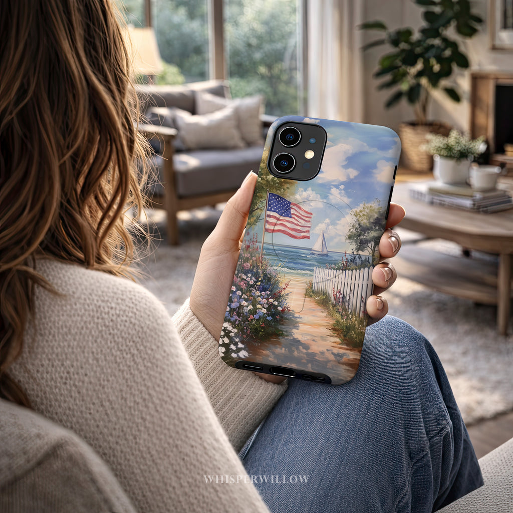 Coastal Aesthetic Phone Case | Compatible with iPhone MagSafe Charging | American Flag Beach Path Art | Patriotic Ocean Landscape