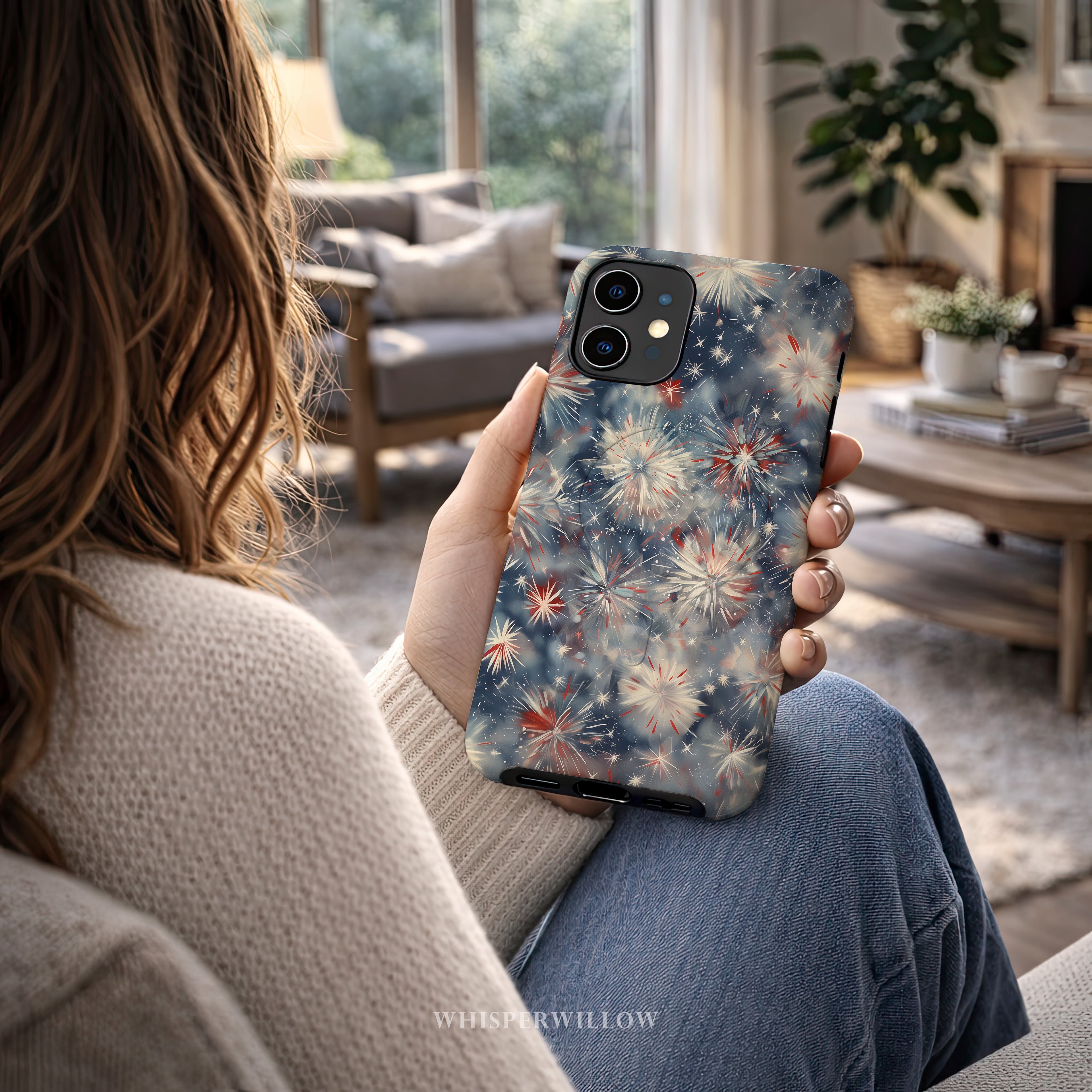 Abstract Fireworks Magnetic Case | Compatible with iPhone | Patriotic Red White Blue Starburst Cover