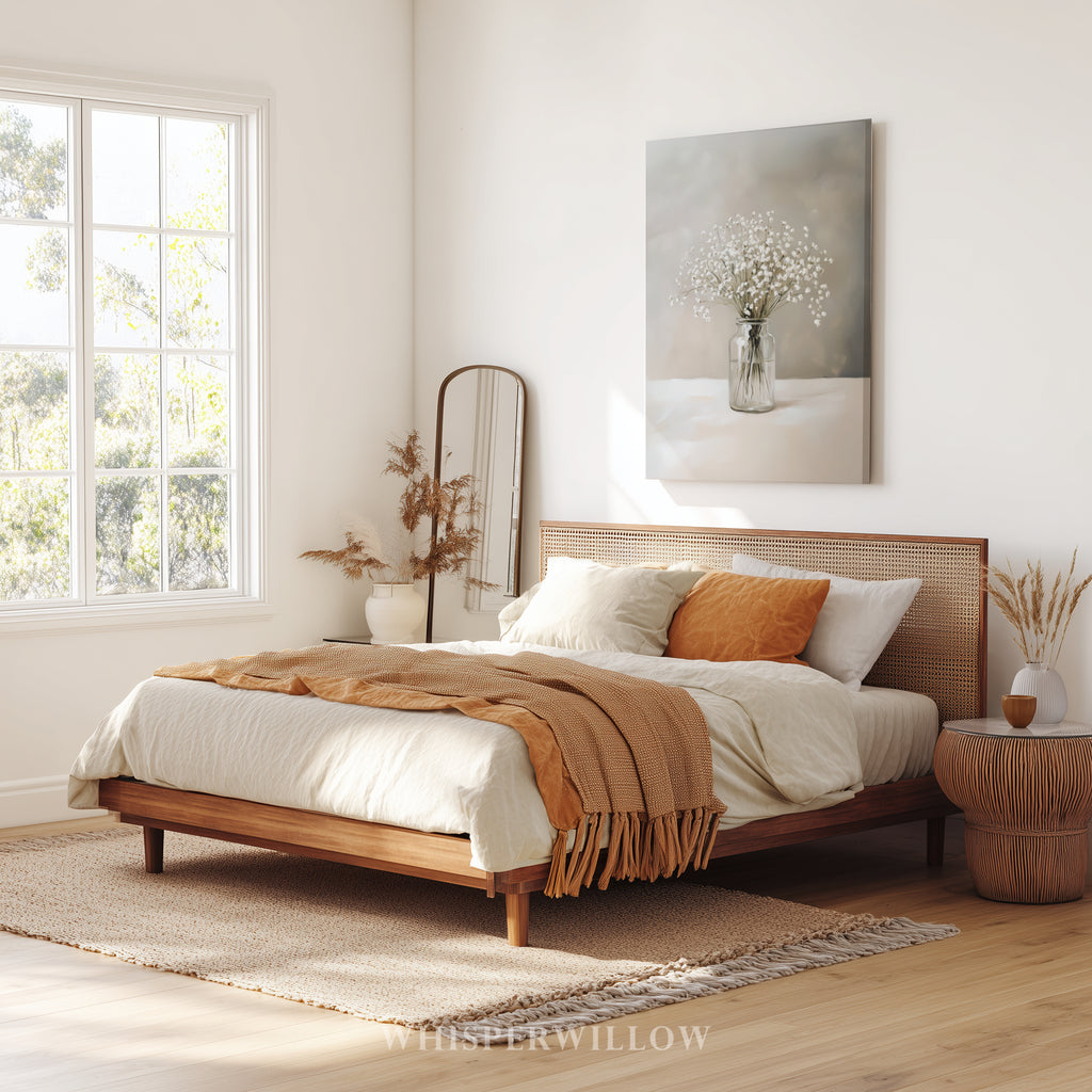 Leinwandbild mit Schleierkraut-Motiv | Neutraler Blumendruck | Beruhigende grau-weiße Dekoration