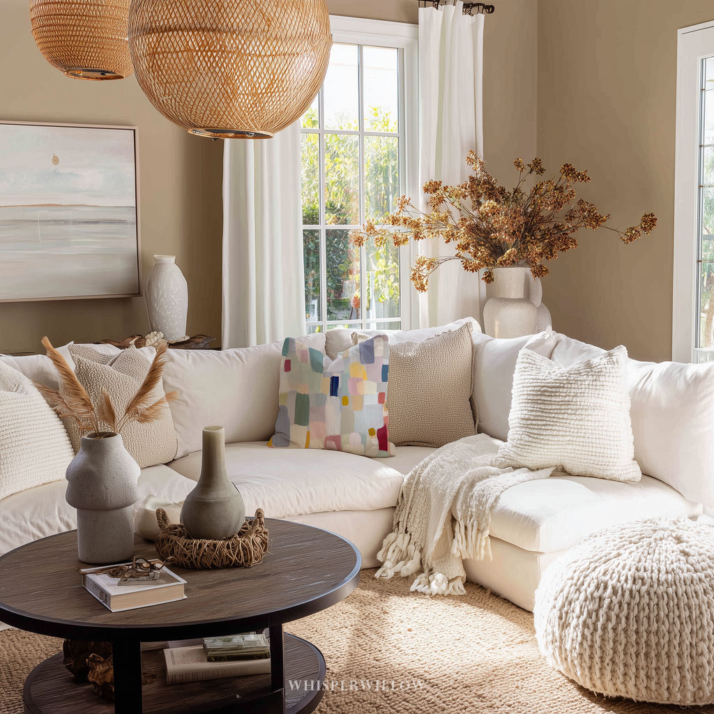 Cozy living room with a white sofa, decorative pillows, and a wooden coffee table.
