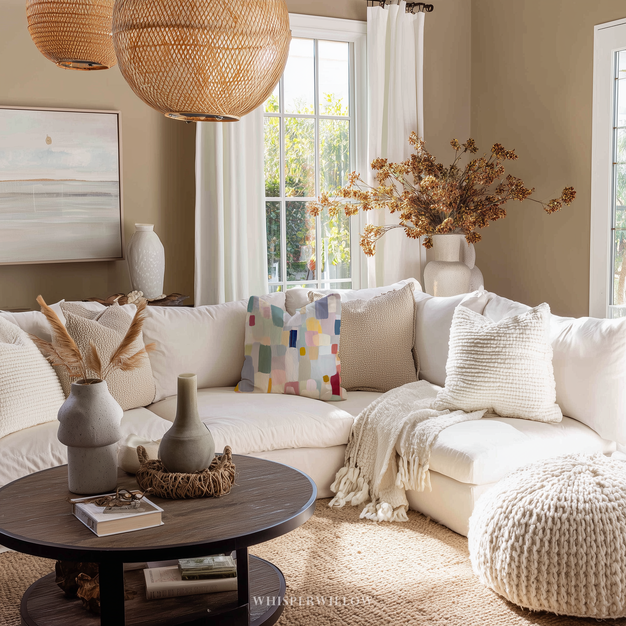 Cozy living room with a white sofa, decorative pillows, and a wooden coffee table.