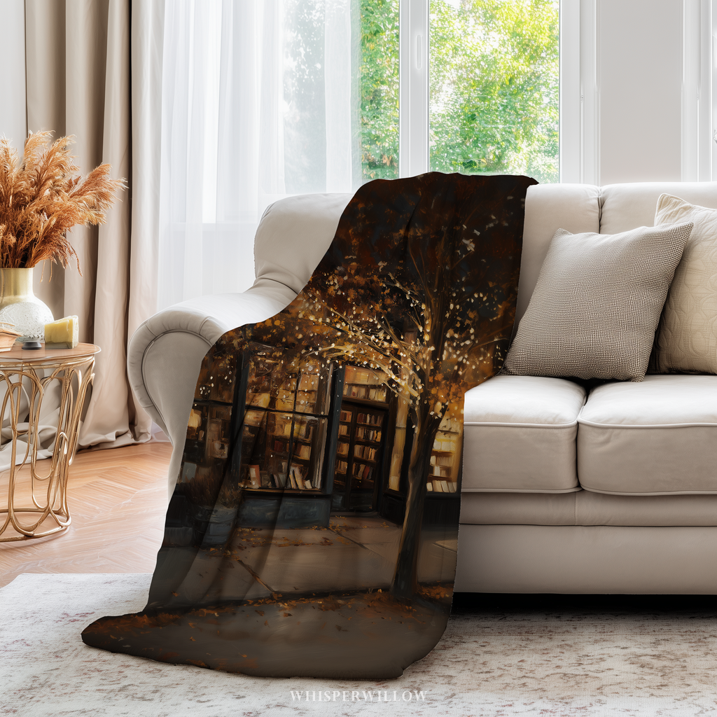 Cozy Autumn Bookstore Throw Blanket - Warm Lights Fall Tree Gift