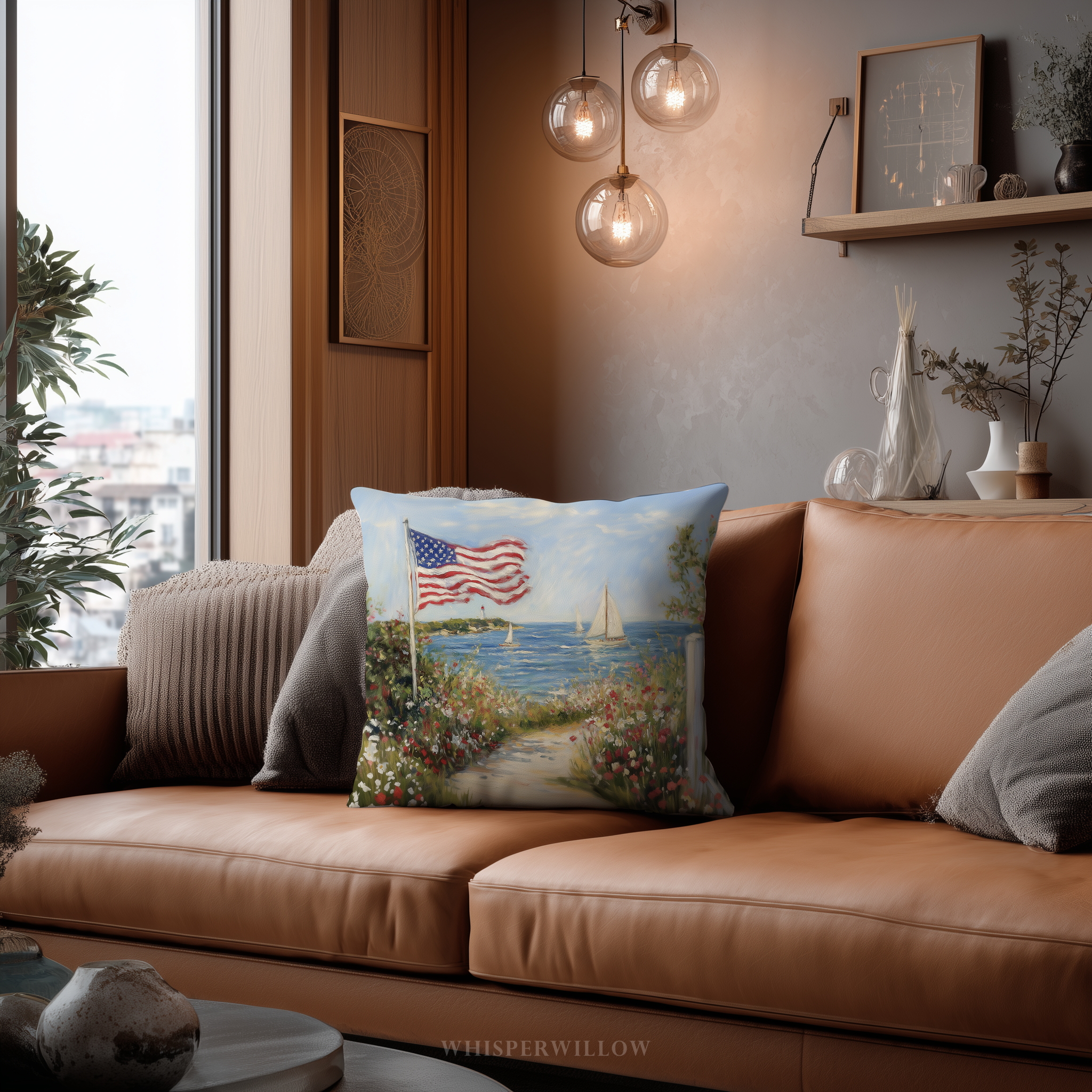 Patriotic American Flag Throw Pillow, Seaside Sailboat Wildflower Design, Independence Day Cushion, 4th of July Home Decor Gift