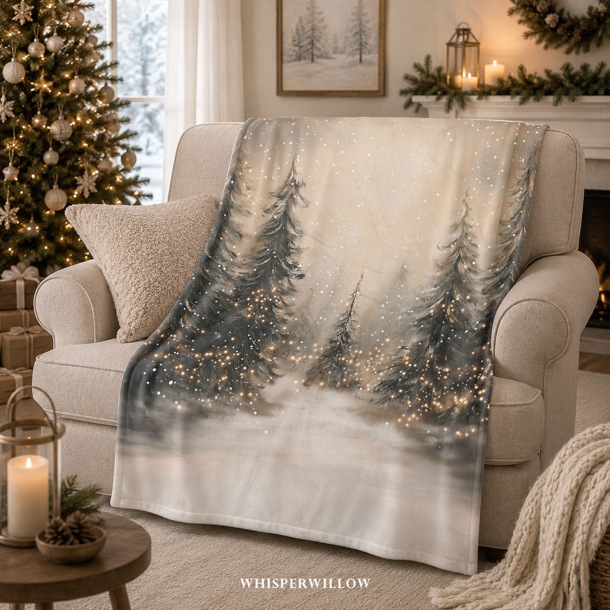 Snowy Pine Forest Throw Blanket - Winter Wonderland Lights Gift