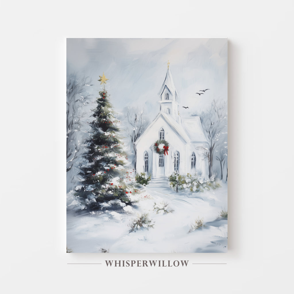 Snowy Christmas Church and Holiday Tree Canvas Wall Art Winter Home Decor Gift