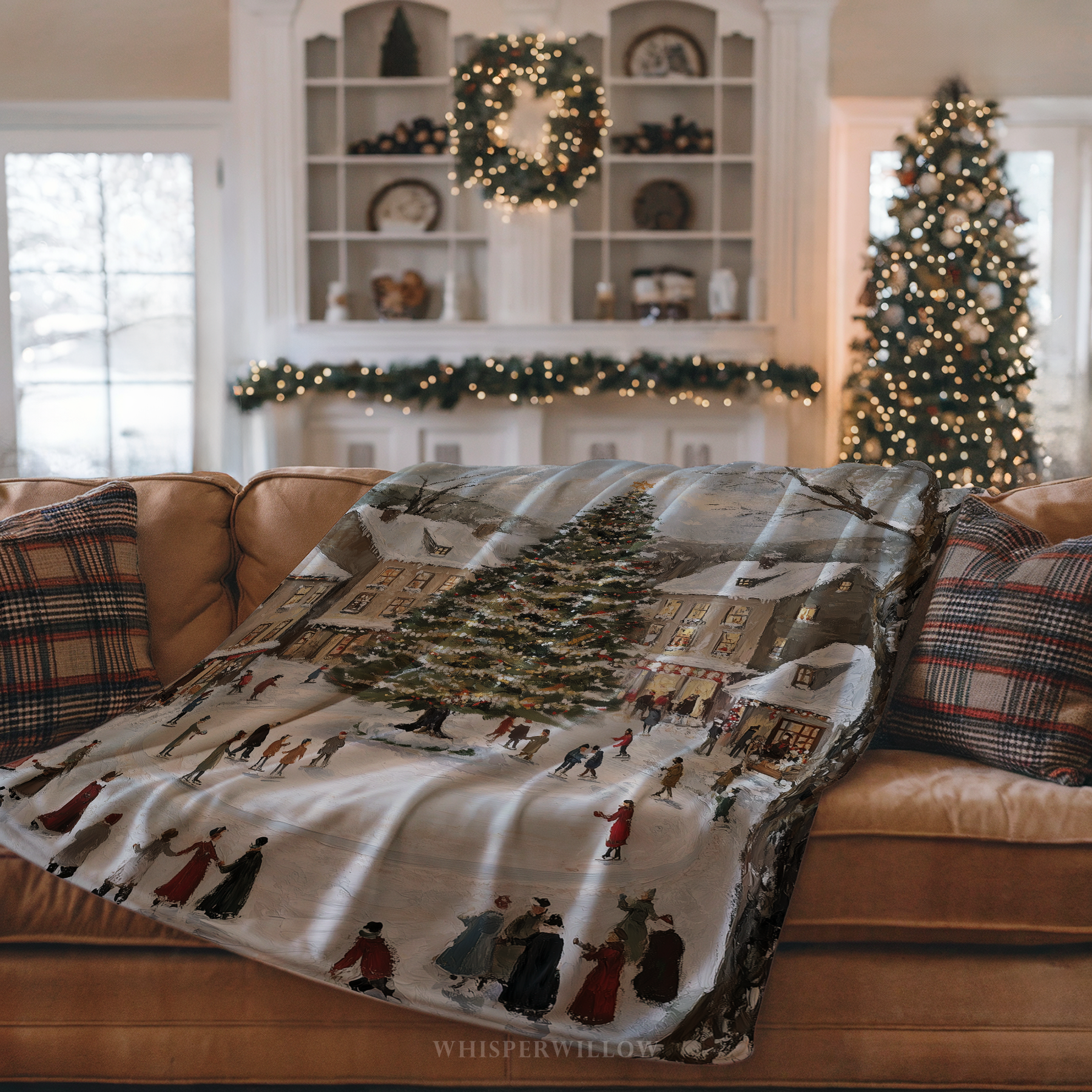 Snowy Village Christmas Throw Blanket - Winter Tree Ice Skating Gift