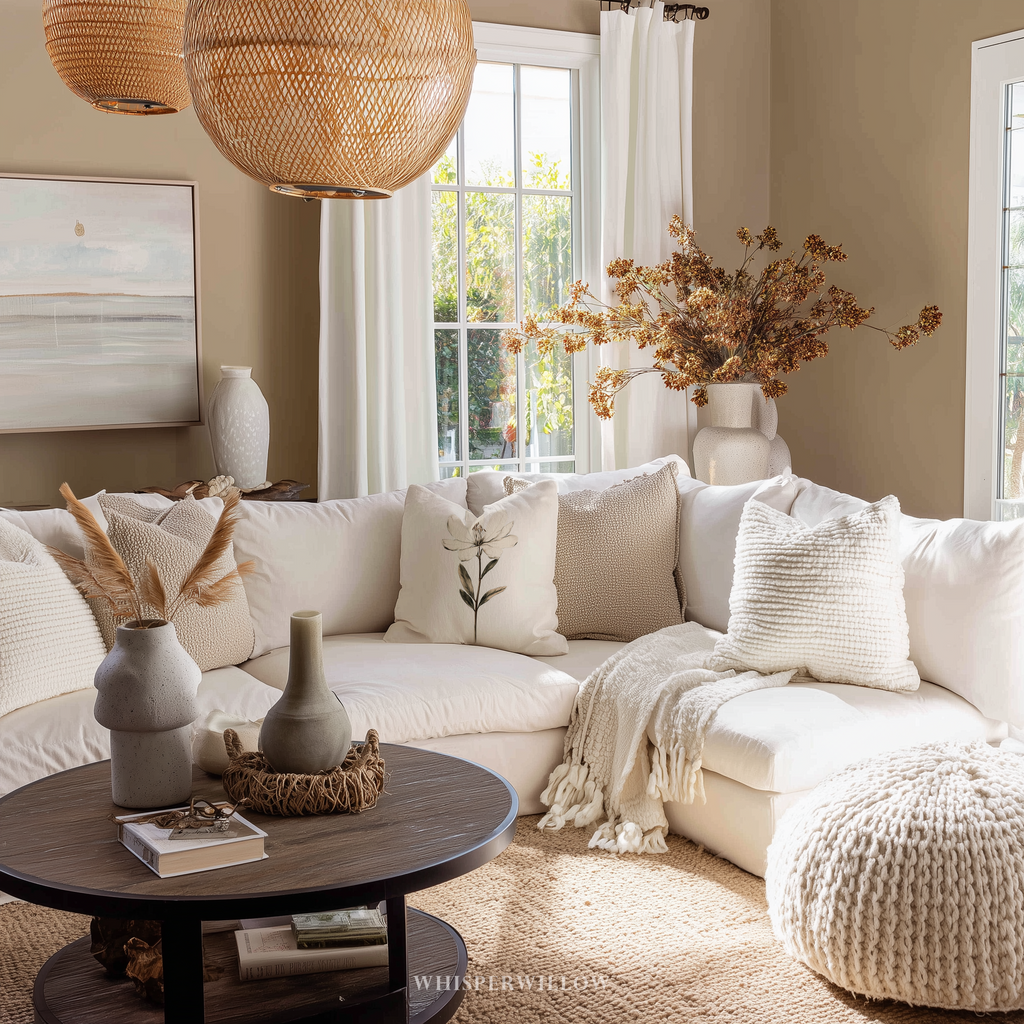 Dekokissen mit weißem botanischem Blumenmuster – Minimalistischer, neutraler Kissenbezug mit Blumenmuster