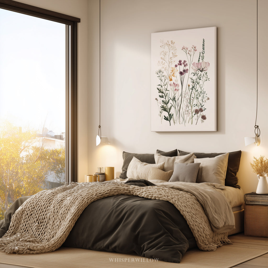 Wildflower Meadow Canvas Wall Art | Neutral Botanical Floral Illustration | Cottagecore Vintage Nature Decor | Minimalist Bedroom Artwork