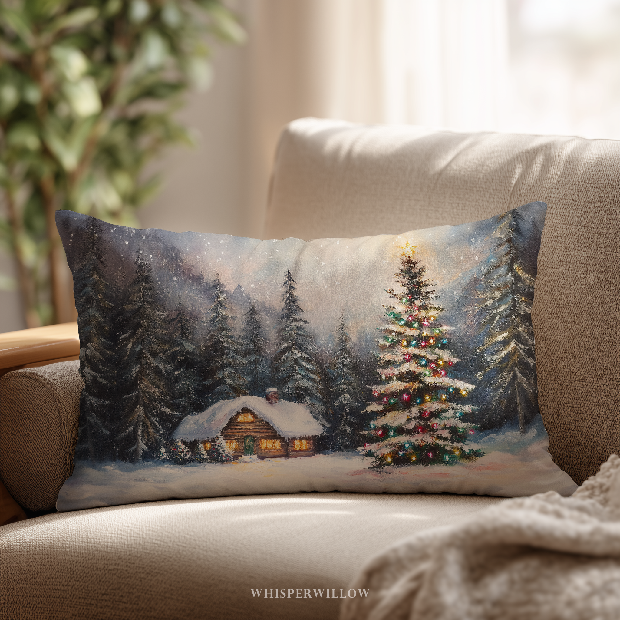 Cozy Cabin Throw Pillow - Christmas Tree Lights Winter Wonderland Cushion by WhisperWillow Studios Home Decor Gift