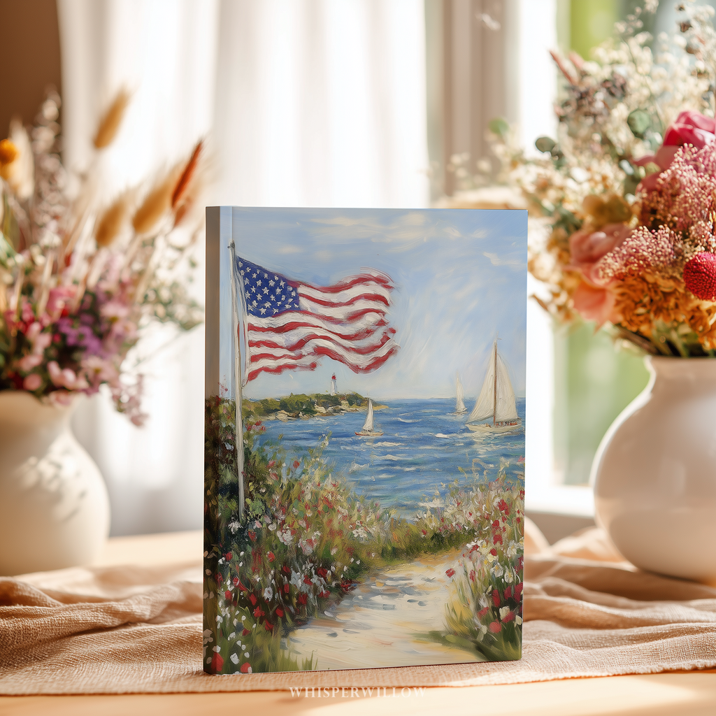 Coastal American Flag Hardcover Journal, Sailboat Wildflower Design, Independence Day Notebook, 8x5.75 Lined Pages Gift
