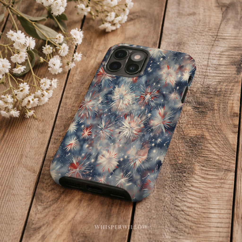 Abstract Fireworks Phone Case | Compatible with iPhone | Patriotic Red White Blue Starburst Cover