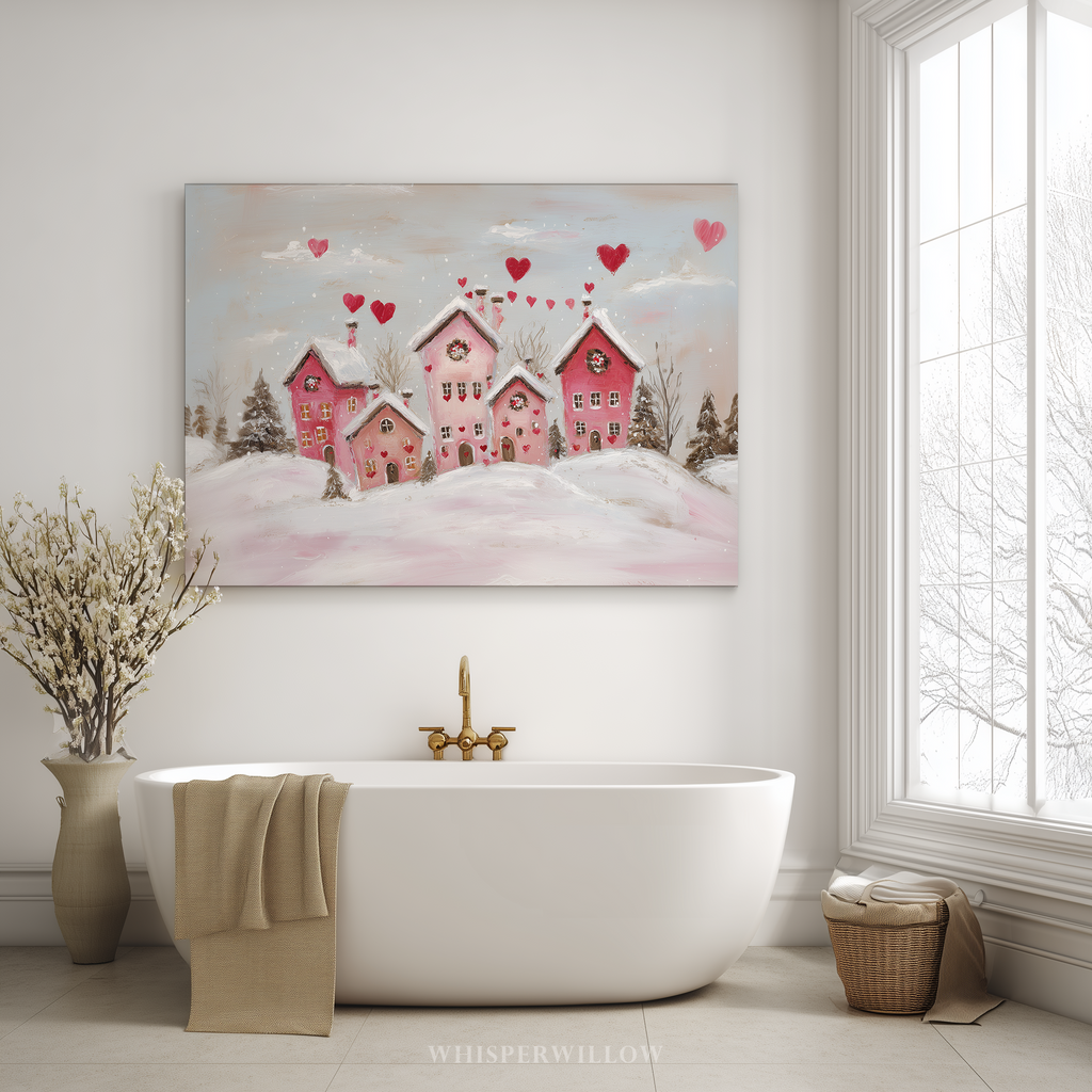 Verspieltes rosa Winterdorf auf Leinwand | Romantisches Herzmotiv mit verschneiten Häusern | Wandbild zum Valentinstag