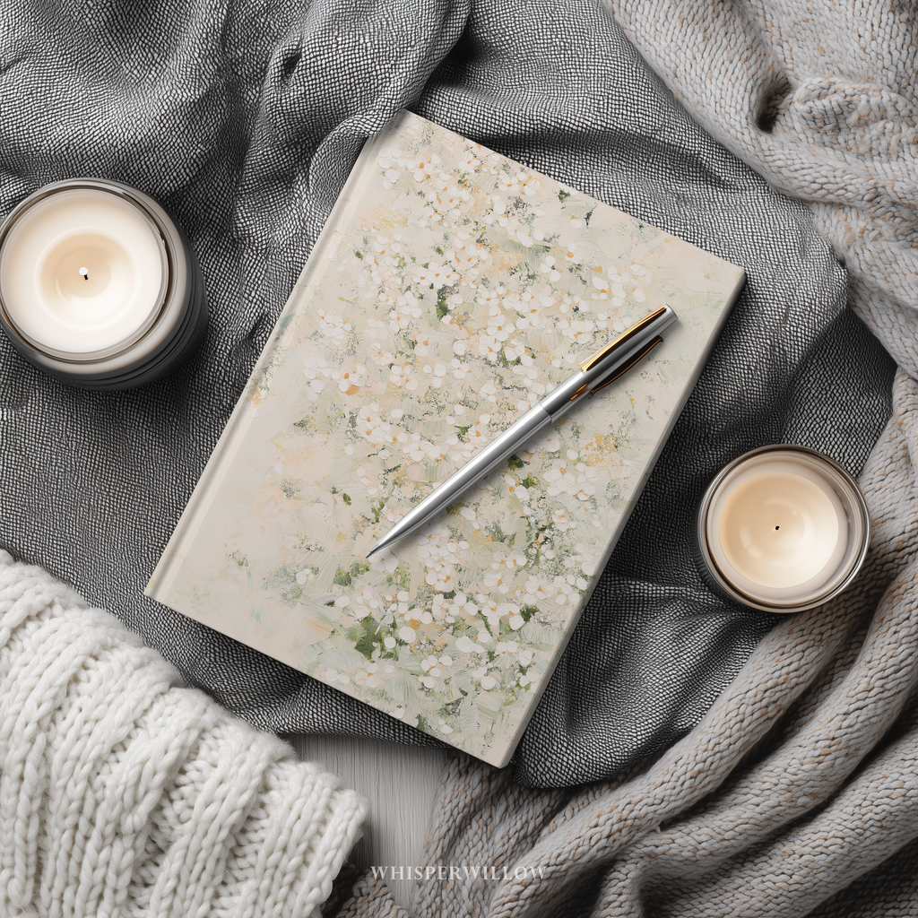 White Floral Abstract Hardcover Journal - Sage Green Cream Botanical Neutral Writer Notebook Gift