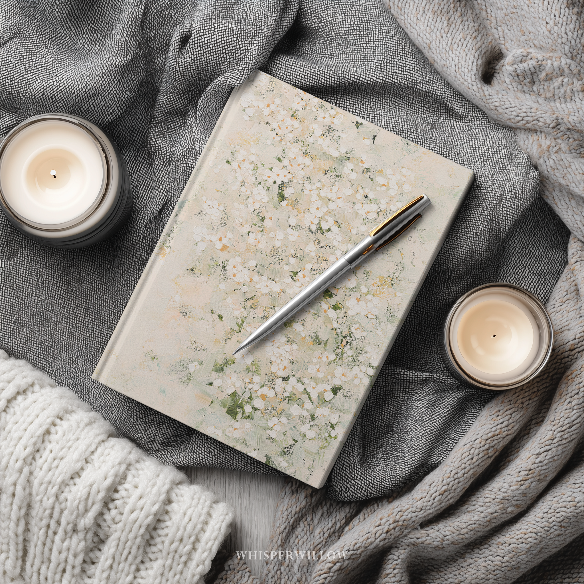 White Floral Abstract Hardcover Journal - Sage Green Cream Botanical Neutral Writer Notebook Gift