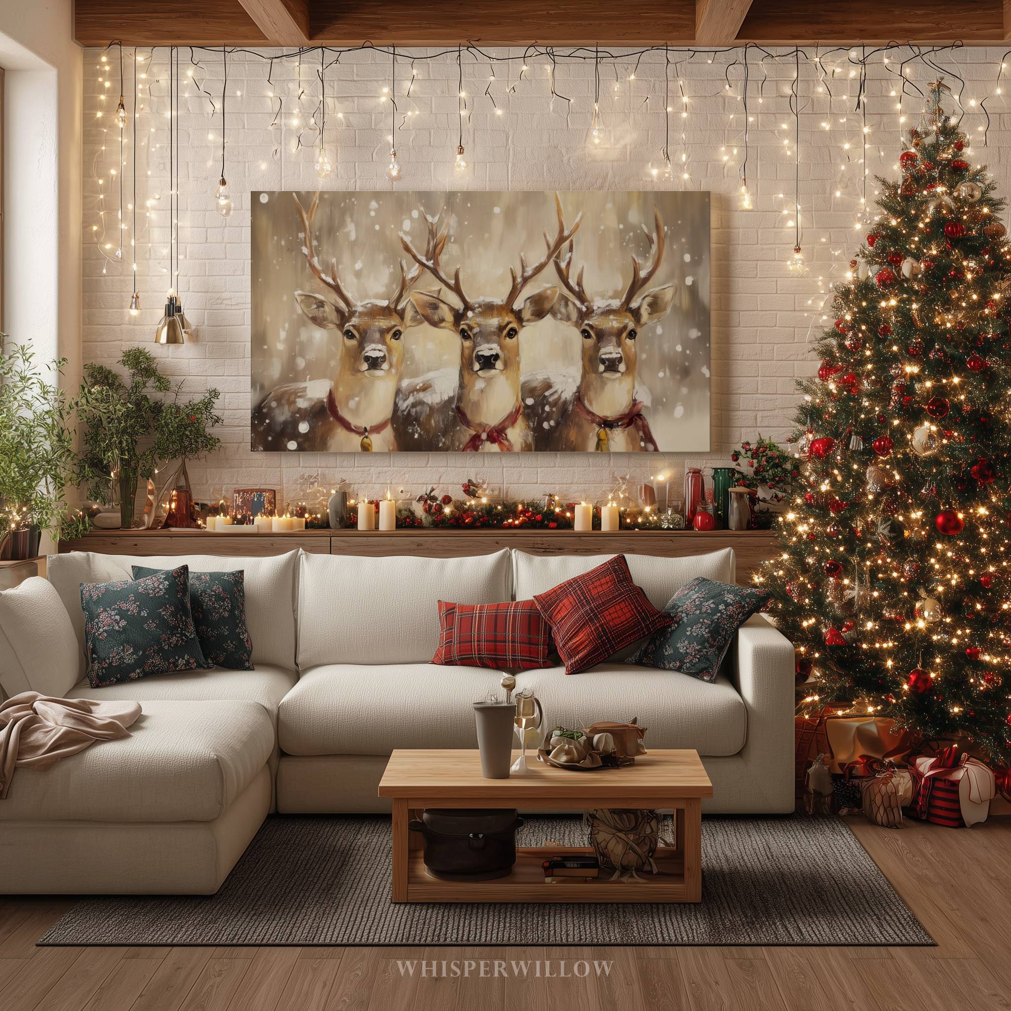 Rentier-Trio als Leinwandbild – Rustikale Weihnachtsdekoration für die Hütte, verspielte Winterlandschaft