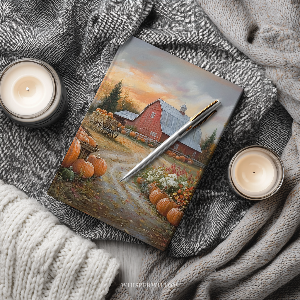 Autumn Pumpkin Farm Hardcover Journal - Red Barn Sunset Country Road Harvest Notebook Gift